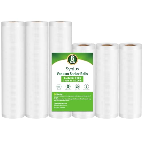 Syntus Vacuum Sealer Bags, 6 Pack 3 Rolls 11" x 20' and 3 Rolls 8" x 20' Commercial Grade BPA Free Bag Rolls, Food Vac Bags for Storage, Meal Prep or Sous Vide
