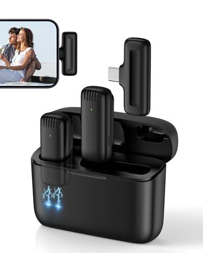 2Pcs Mini Wireless Microphone USB C Lavalier Mic for iPhone 15 Series, Lapel Type C Microfono Para Android Phone with Charging Case 48H Lav Mics Plug and Play for Video Recording Vlog Podcast YouTube