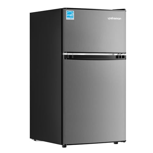 Upstreman 3.1 Cu.Ft Mini Fridge with Freezer, Double Door Mini Fridge, Adjustable Thermostat, Energy Saving, Mini Fridge for Office, Dorm,Bedroom, Stainless