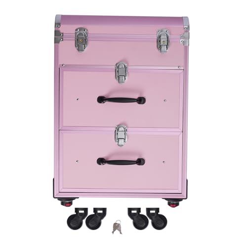Rolling Makeup Case 3-Tier Cosmetic Trolley Case Large Professional Salon Storage Organizer with Adjustable Divider for Beauty Personal Care (Pink)