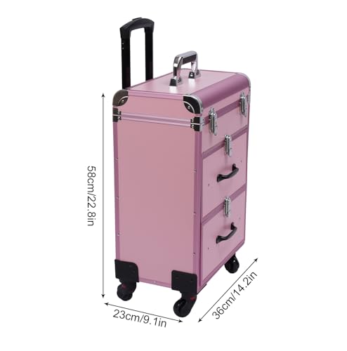 Rolling Makeup Case 3-Tier Cosmetic Trolley Case Large Professional Salon Storage Organizer with Adjustable Divider for Beauty Personal Care (Pink)