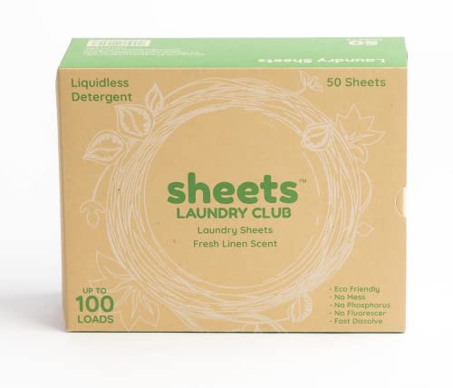 Sheets Laundry Club - US Veteran Owned Company -Laundry Detergent (Up to 100 Loads) 50 Laundry Sheets- Fresh Linen Scent - New Liquid-Less Technology - Lightweight - Easy To Use -