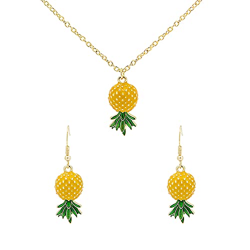 Tropical 2pcs Yellow Ruit Green Leaf Pineapple Earings Pendant Necklace Suit for Women Fashion Dangle Earings Jewellery
