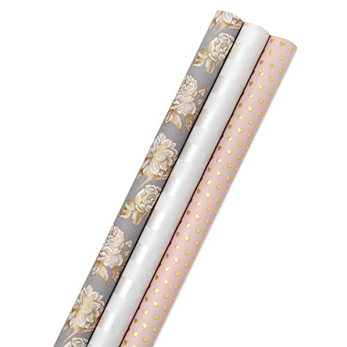 Hallmark Premium Wrapping Paper with Cut Lines on Reverse - Gold Hearts, Rose Flowers, White Stripes (3-Pack: 85 sq. ft. ttl) for Birthdays, Weddings, Mother's Day, Valentine's Day, Bridal Showers