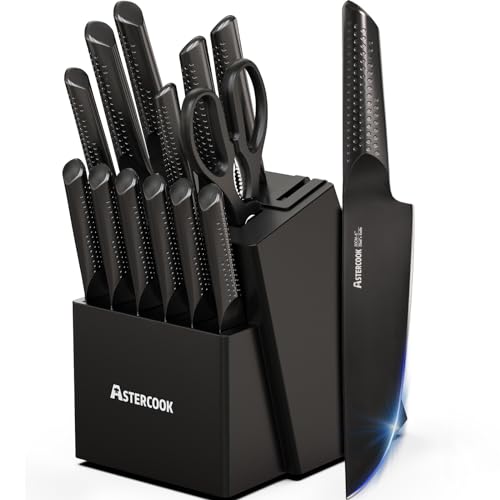 Astercook Knife Set, 15 Pieces Kitchen Knife Sets with Block and Built-in Knife Sharpener, German Stainless Steel Handle One-Piece Design Knives Block Set Dishwasher Safe, Black