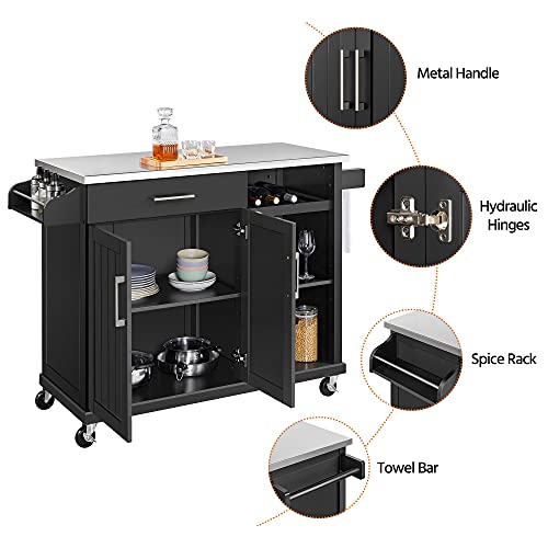 Yaheetech Kitchen Island with Stainless Steel Top and Storage Cabinet, Kitchen Cart on Wheels with Drawer & Open Shelves & Wine Rack & Spice Rack, 18" D x 51" W x 36" H, Black