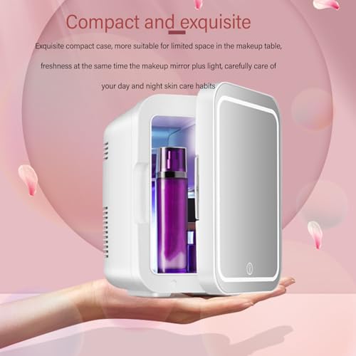 Skincare Fridge with LED Light Mirror, 4L Mirrored Door Makeup Mini Refrigerator for Bedroom, Car, Office, Dorm, Portable Small Personal Beauty Fridge for Cosmetics, Skin