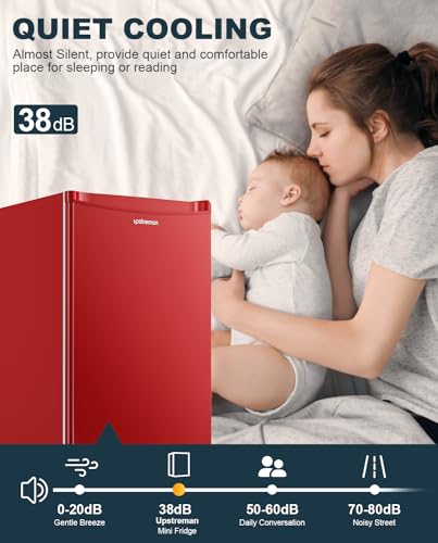 Upstreman 3.2 Cu.Ft Mini Fridge with Freezer, Single Door, Adjustable Thermostat, Refrigerator for Dorm, Office, Bedroom, Red-BR321