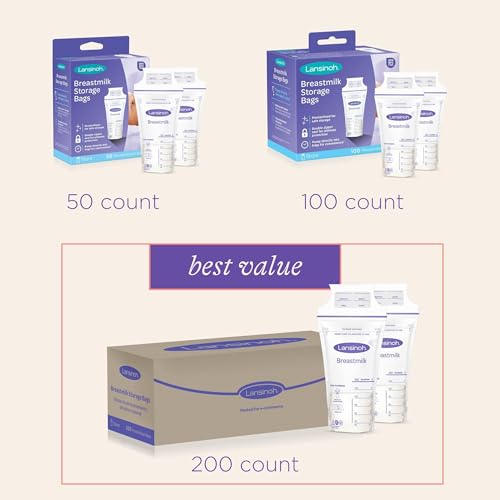 Lansinoh Breastmilk Storage Bags, 200 Count Value Pack, Easy to Use Breast Milk Storage Bags for Feeding, Baby Essentials, Presterilized, Hygienically Doubled-Sealed for Freezing & Refrigeration, 6 OZ