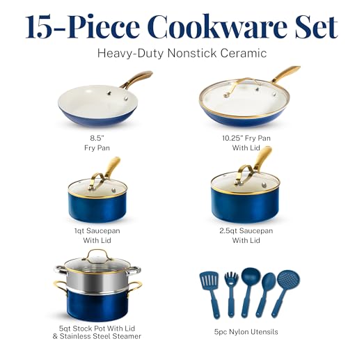 GOTHAM STEEL 15 Pc Ceramic Pots and Pans Set Non Stick, Kitchen Cookware Sets, Pot and Pan Set, Ceramic Cookware Set, Non Toxic Cookware Set, Non Stick Pots and Pan Set, Dishwasher Safe - Navy