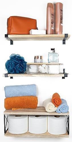 2 Moons Floating Shelves, Real Wood Wall Mounted for Bathroom, Living Room, Bedroom, Kitchen, 4 Shelf Group for Books, Storage, Plants, Decor, Over Toilet Paper (Light Brown)