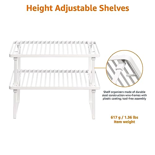 Amazon Basics Stackable Metal Kitchen Storage Shelves, Set of 2 - White, 12.5" L x 8" D x 4.5" H