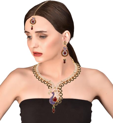 Touchstone Indian Bollywood White Rhinestone Blue Faux Sapphire deep red Faux Ruby and Faceted Glass Drops Ethnic Peacock Motif Bridal Designer Jewelry Necklace Set for Women in Antique Gold Tone
