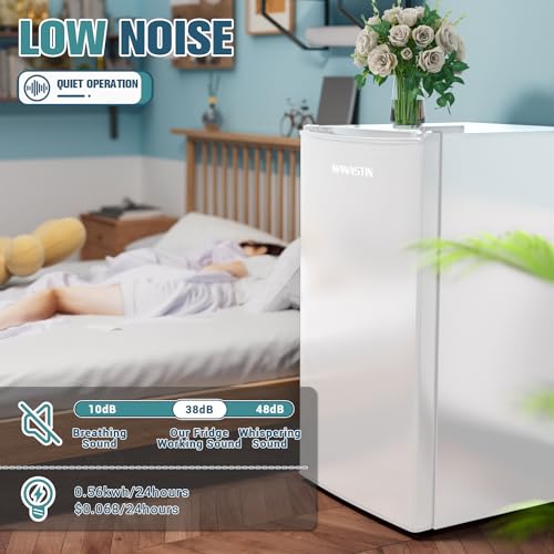 3.2 Cu. Ft Mini Fridge with Freezer for Bedroom, Dorm, Office, Compact Refrigerator with Adjustable Thermostat, Removable Glass Shelves and Reversible Door (White)