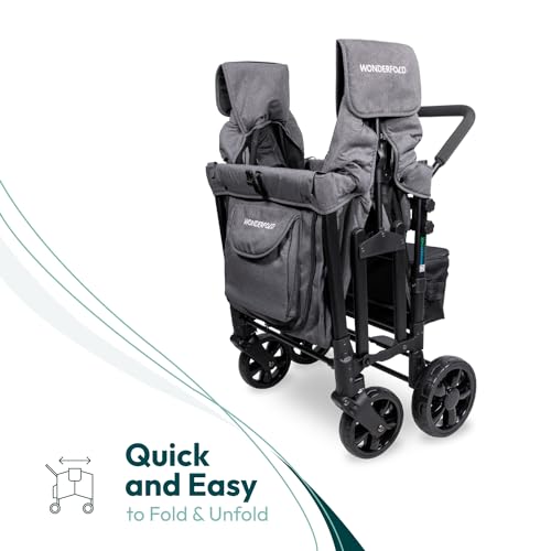 WONDERFOLD W4 Original Quad Stroller Wagon (4 Seater) - Collapsible Wagon Stroller with Seats with 5-Point Harnesses, Easy Access Zipper Door, and Removable Sun Canopy, Gray