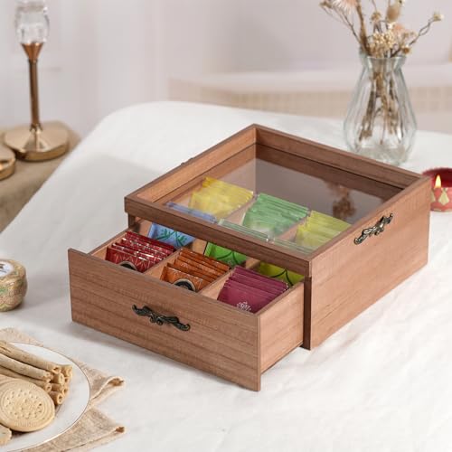 Wooden Tea Bag Storage Organizer: 9-Compartment Tea Box with Glass Window, equipped with a Storage Tray, Multi-Functional Tea Box and Storage Organizer, Great Gift Ideas,Cool Preppy Stuff & Room Decor