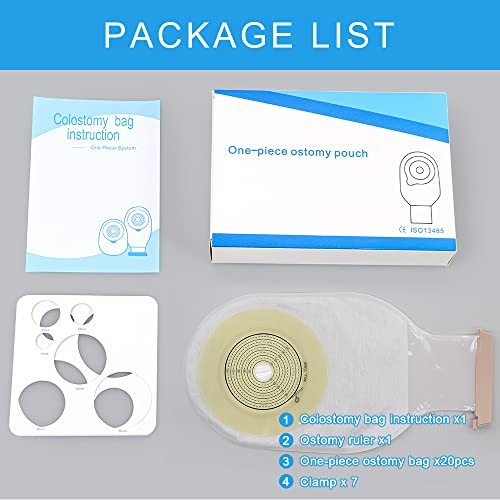 Colostomy Bags, 20Pcs Ostomy Supplies for Ileostomy Stoma Care, Ostomy Bag with Clamps, One Piece Drainable Colostomy Supplies Max Cut 70mm