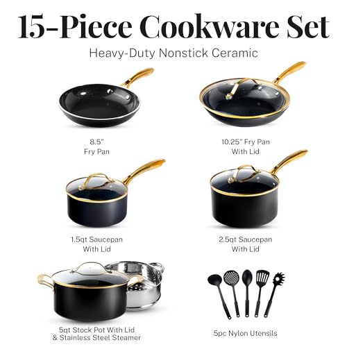 Gotham Steel 15 Pc Ceramic Pots and Pans Set Non Stick, Kitchen Cookware Sets, Pot and Pan Set, Ceramic Cookware Set, Non Toxic Cookware Set, Non Stick Pots and Pan Set, Dishwasher Safe - Black Gold