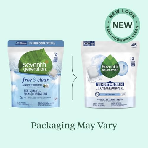 Seventh Generation Laundry Detergent Packs, Free & Clear, Made for Sensitive Skin, EPA Safer Choice Certified, 90 Loads (2 pouches, 45 Ct EA)