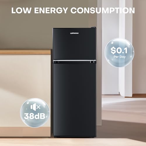 Upstreman 4.0 Cu.Ft. Mini Fridge with Freezer, Double Door, Mini Fridge for Office,Dorm, Bedroom,Adjustable Thermostat, Large Capacity,Black-BR401