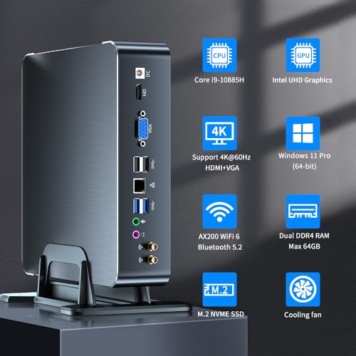 Mini PC i9-10885H 8 Cores Up to 5.3GHz, Deaktop Computer Windows 11 pro, 32G DDR4 RAM 1T M.2 NVME SSD, 4K HDMI2.0 VGA Dual Display, Wifi6 Bluetooth5.2, Gigabit LAN for Office/Hone/HTPC