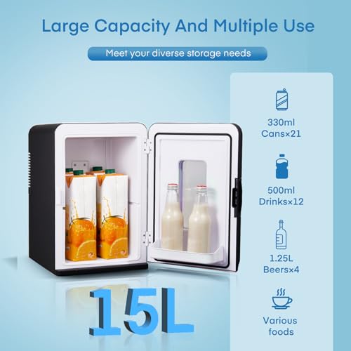 NORTHCLAN Mini Fridge, 15 L/21 Can Personal Refrigerator, Portable Cooler &Warmer, Beverage & Skincare, 110V/12V, Black, Width 11.8", Black