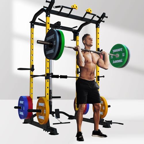 2024 Upgraded T2 Power Cage Muti-Function Power Rack with Lat Pulldown System Squat Rack with Weights and Bar Set for Home Gym with Unique Training Attachment