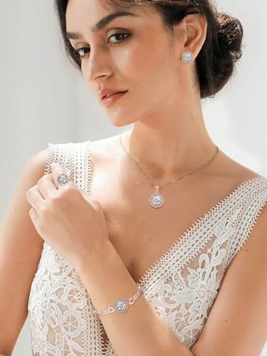 Women 4Pieces Cubic Zirconia Jewellery Set Rhinestone Necklace Earrings Bracelet Ring