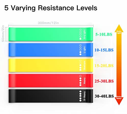 Resistance Bands for Arms Leg Thigh Booty Squat Physical Therapy, 5 Heavy & Light Resistance Levels, Mini Gym Loop Exercise Bands for Men Women Kids Elderly, Wristband Headband Carry Bag Guide - 9 Set
