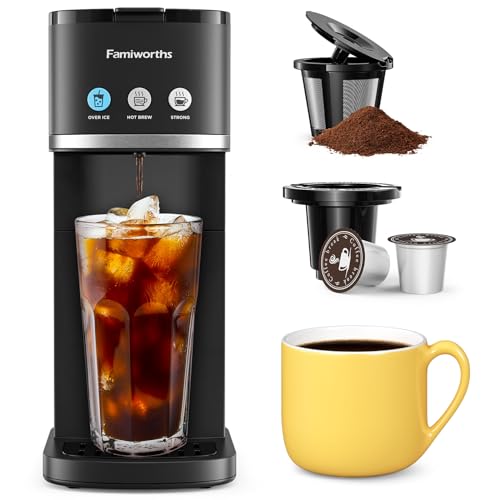 Famiworths Single Serve Coffee Maker, Iced and Hot Coffee Machine for K Cup & Ground Coffee, 6 to 16 Oz Brew Sizes, Fit 8.5" Travel Mug, Capsule Coffee Machine with Descaling Reminder, Black