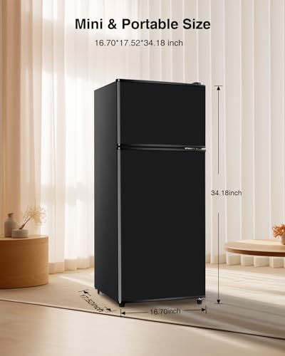 3.5 Cu. Ft. Capacity Double-door Compact Fridge with Freezer and 7-Level Thermostat, Compact Convenience and Energy Savings, Ideal for Apartments, Dorms, Home Offices and Bars, Black Color