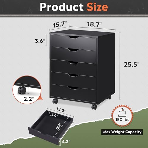 DEVAISE 5-Drawer Chest, Wood Storage Dresser File Cabinet with Wheels, Black