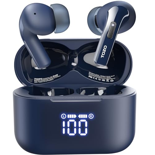 TOZO T20 Wireless Earbuds Bluetooth Headphones 48.5 Hrs Playtime with LED Digital Display, IPX8 Waterproof, Dual Mic Call Noise Cancelling 10mm Broad Range Speakers with Wireless Charging Case Blue