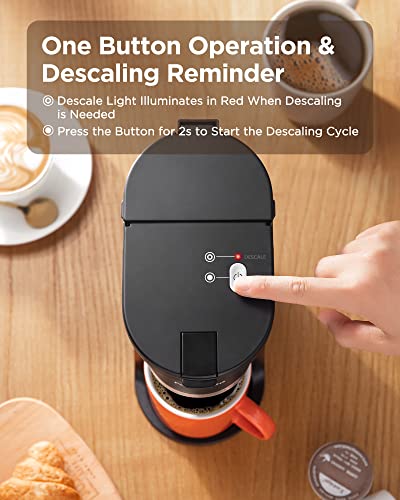 Famiworths Mini Coffee Maker Single Serve, Instant One Cup for K Cup & Ground Coffee, 6 to 12 Oz Brew Sizes, Capsule Coffee Machine with Water Window and Descaling Reminder, Black