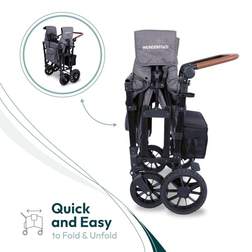 WONDERFOLD W4 Luxe Quad Stroller Wagon (4 Seater) - Collapsible Wagon Stroller with Seats with Magnetic Buckle 5-Point Harnesses and Adjustable Sun Canopy, Charcoal Gray-Black Frame