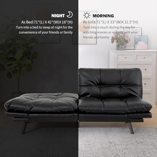Convertible Futon Sofa Bed Couch,Memory Foam Futon Couch Bed,Loveseat Sleeper Sofa Bed,Small Splitback Faux Leather Modern Sofa Couch for Living Room,Office,Apartment,Matte Black