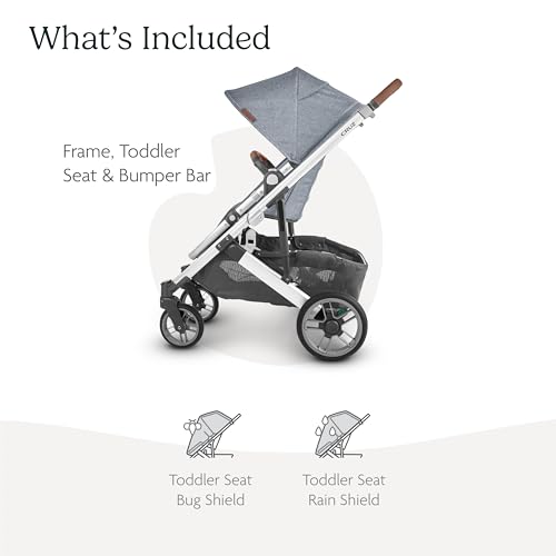 UPPAbaby Cruz V2 Stroller/Full-Featured Stroller with Travel System Capabilities/Toddler Seat, Bumper Bar, Bug Shield, Rain Shield Included/Gregory (Blue Mélange/Silver Frame/Saddle Leather)