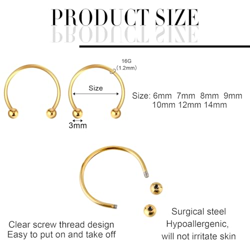 Yolev 14Pcs 6/7/8/9/10/12/14mm Surgical Steel Horseshoe Septum Nose Ring Hoop Set Piercing Jewellery，Horseshoe Rings Earring Eyebrow Earring Hoop Lip Horseshoe Piercing for Women Men