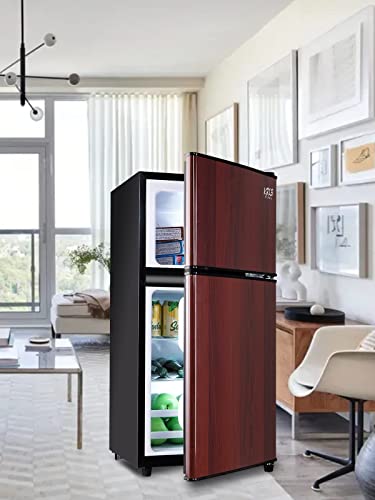 KRIB BLING Mini Fridge With Freezer,3.5 Cu. Ft Compact Refrigerator With 2 Doors,7- Level Adjustable Thermostat, Removable Glass Shelves For Bedroom, Office, Kitchen, Apartment, Dorm,Wood