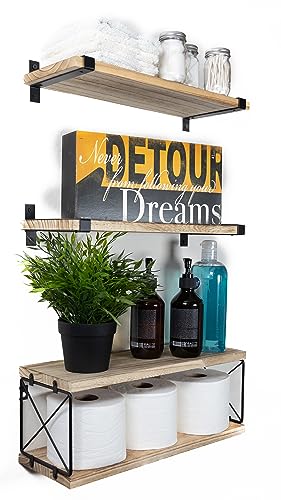 2 Moons Floating Shelves, Real Wood Wall Mounted for Bathroom, Living Room, Bedroom, Kitchen, 4 Shelf Group for Books, Storage, Plants, Decor, Over Toilet Paper (Light Brown)