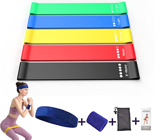 Resistance Bands for Arms Leg Thigh Booty Squat Physical Therapy, 5 Heavy & Light Resistance Levels, Mini Gym Loop Exercise Bands for Men Women Kids Elderly, Wristband Headband Carry Bag Guide - 9 Set