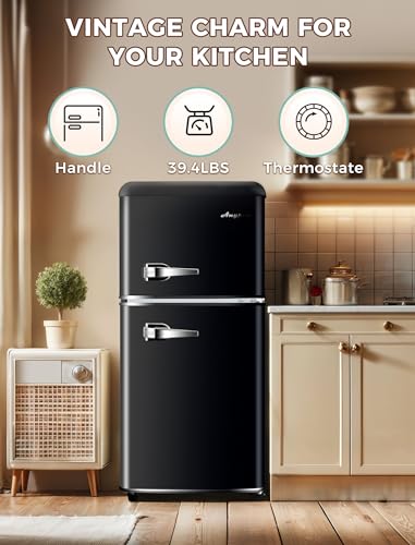 3.2Cu.Ft Compact Refrigerator Mini Fridge with Freezer, 2 Door Retro Small Refrigerator with Freezer, 7 Level Thermostat and Removable Shelves, Mini Fridge for Bedroom Office Apartment Dorm Bar