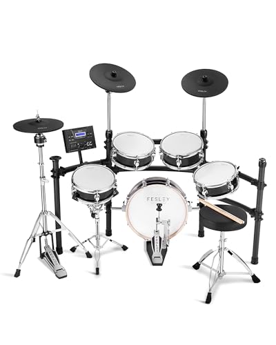 Fesley Electric Drum Set with Independent Kick Snare Drum HiHat Cymbal: Real Sample Sound Source, Bluetooth Electronic Drum Set with Dual Zone Mesh Drum Pad, Three Zone Cymbal Full Size Adult Drum Set