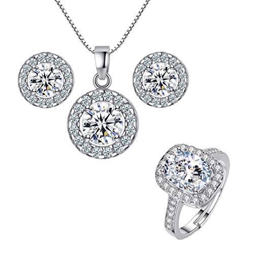 Harlorki Women Lady's Shiny Rhinestone Pendent 925 Silver Plated Crystal Wedding Necklace Earrings Finger Ring Jewelry Set