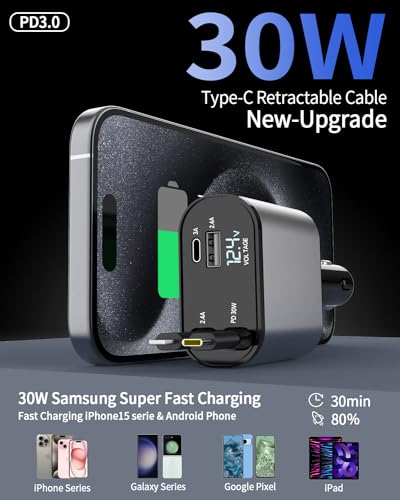 Retractable Car Charger, 4 in 1 Fast Car Phone Charger 66W, 2 Retractable Cables and USB Car Charger,Compatible with iPhone 15/14/13/12/11,Galaxy,Pixel