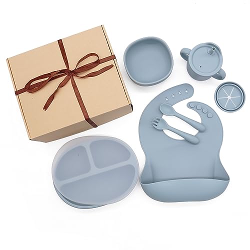 Tinker'sTreats - Silicone Baby Feeding Set, Baby Led Weaning Supplies, Suction Plates for Baby, Suction Bowls for Baby, Baby Silverware Set, Baby Utensils, Feeding Supplies (Blue)