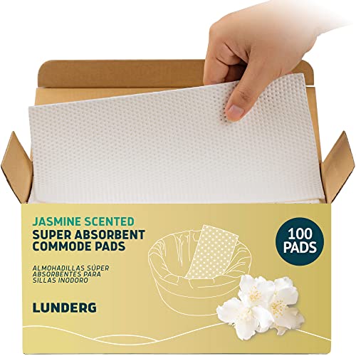 Lunderg Jasmine Scented Super Absorbent Commode Pads - Medical Grade Value Pack 100 Count - for Bedside Commode Liners Disposable, Adult Commode Chair, Portable Toilet Bags - Light Scent