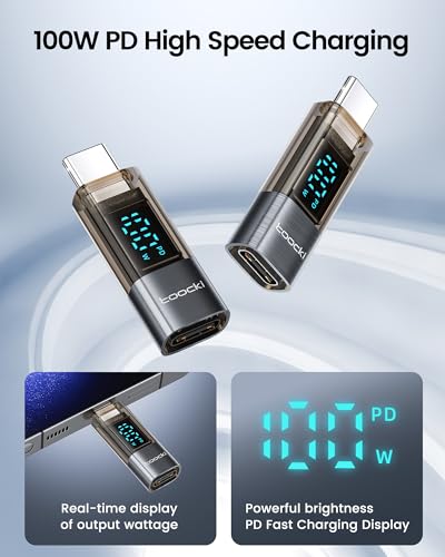 USB C Adapter, 2Pack 100W USB C Female to USB C Male Extension Adapter Type C Power Meter Tester with LED Display for iPad Pro iPhone 15 Pro Max MacBook Pro Laptop and All USB C Cable