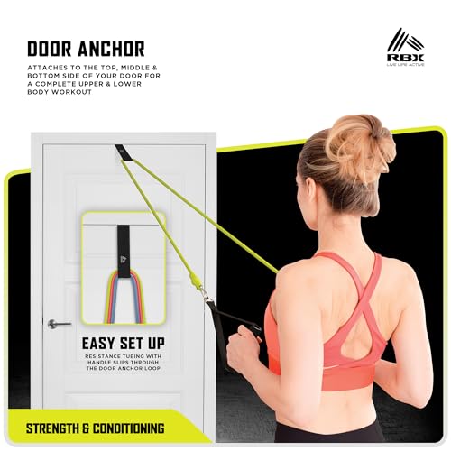 RBX 6 Piece Home Gym Resistance Kit - Light, Medium, Heavy Resistance Bands, Grip Handles, Door Anchor, Ankle Strap & Carry Bag