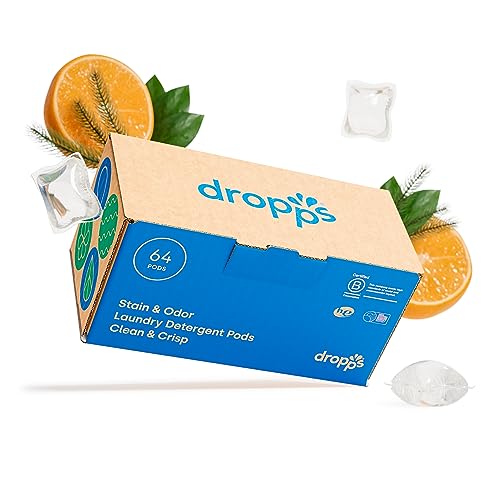 Dropps Stain & Odor Laundry Detergent Pods: Clean & Crisp | 64 Count | HE Compatible + All Washers | Cold Wash + All Temperatures | Tackles Tough Odors | Low Waste Packaging